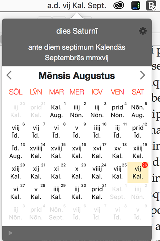 The pop-up calendar showing the month in Roman format