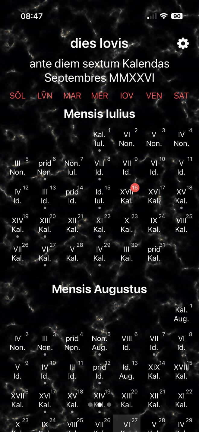 LatinCalendar displaying Roman dates in a monthly calendar